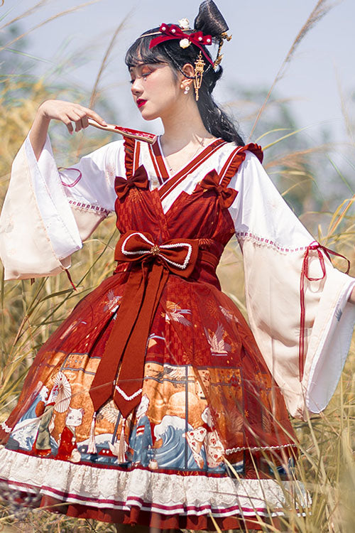 Wine Ukiyolu Cat Print Long Sleeves Chinese Style Fake Two Pieces Bowknot Ruffled Sweet Lolita OP Dress