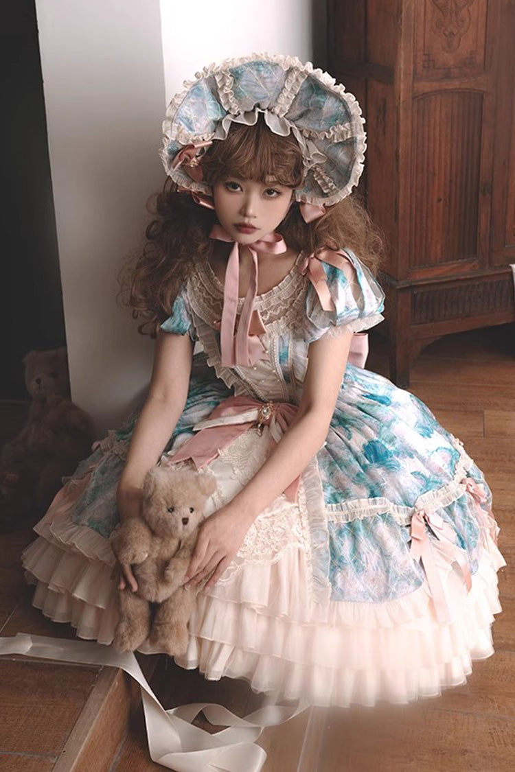 Angel Heart Sky Oil Painting Print Ruffle Cardigan Bowknot Sweet Princess Lolita Dress 3 Colors