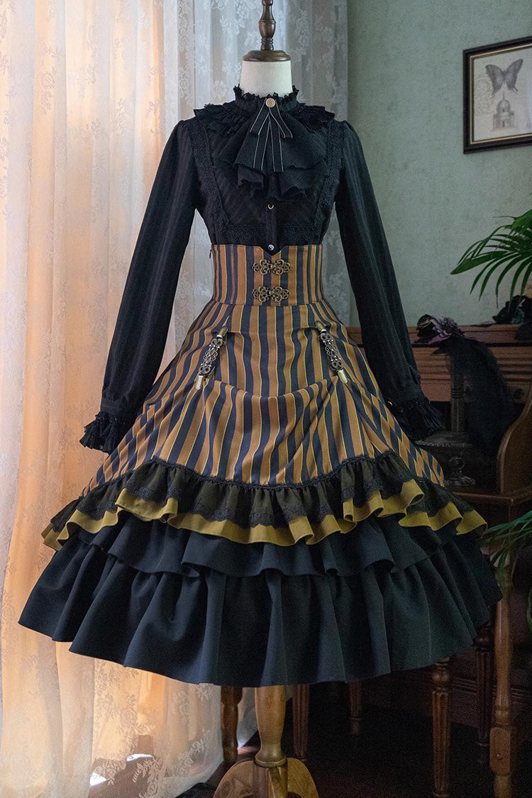 Point Manor Multi-layer Striped Print Ruffle Vintage Elegant Gothic Lolita Skirt 4 Colors