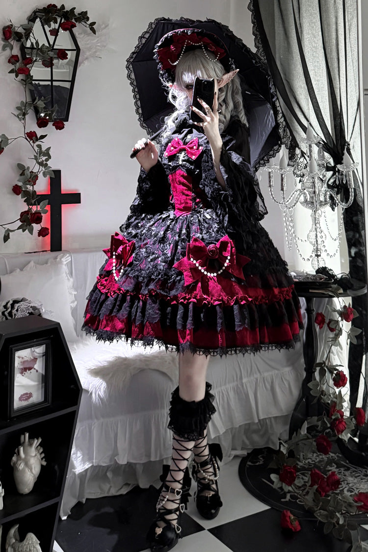 Black/Red Rose Princess Sleeveless Ruffle Bowknot Lace Lace-Up Gothic Ballet Lolita Jsk Dress