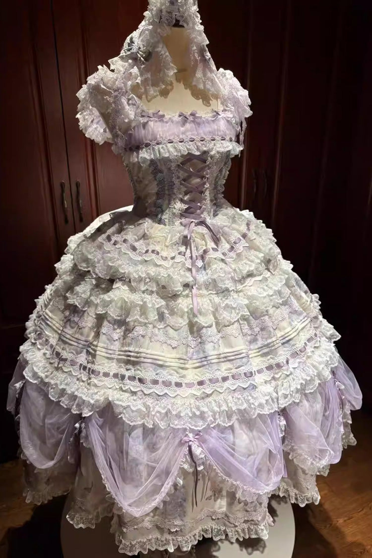 Purple Wisteria Sleeveless Multi-Layered Hanayome Bow Lace Lace-Up Sweet Gorgeous Lolita Jsk Dress Set