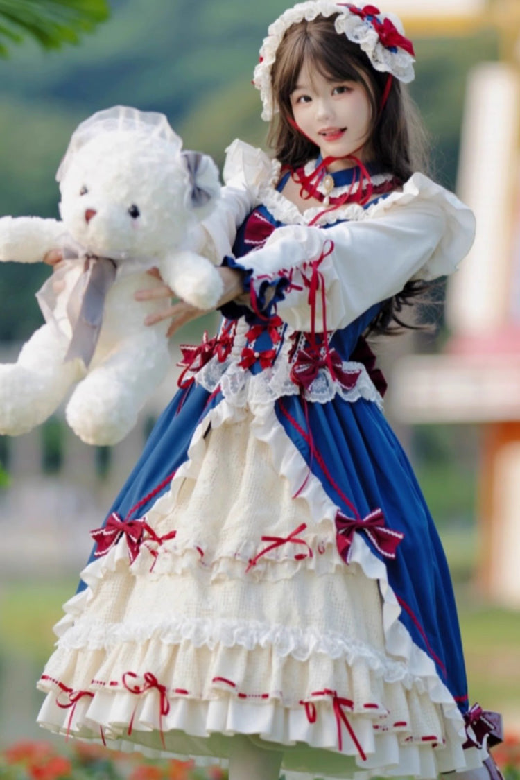 White/Blue Snow White Love Song Ruffle Cardigan Bowknot Long Sweet Lolita Dress