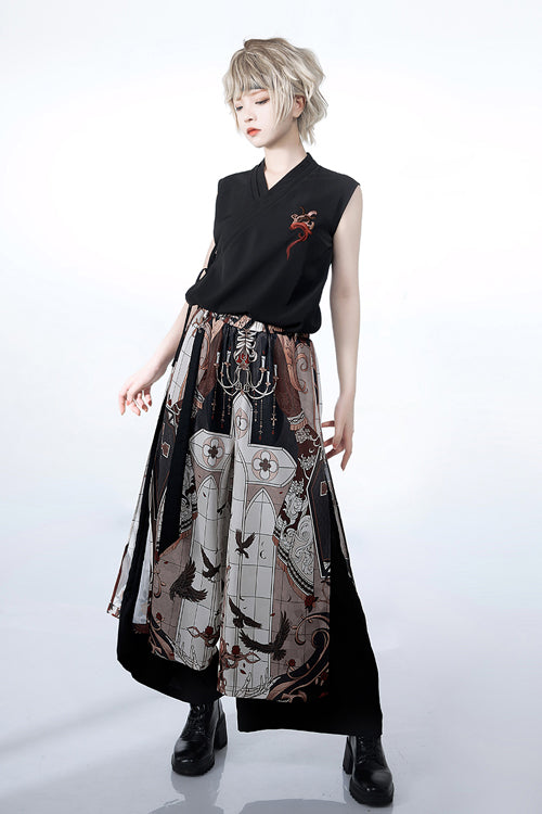 Multi-Color Night Command Print Wide Leg Ouji Lolita Trousers