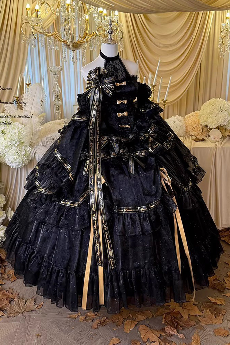 Black Obsidian Banquet Double-Layered Ruffled Hanayome Bow Lace Sweet Gothic Princess Lolita Jsk Dress