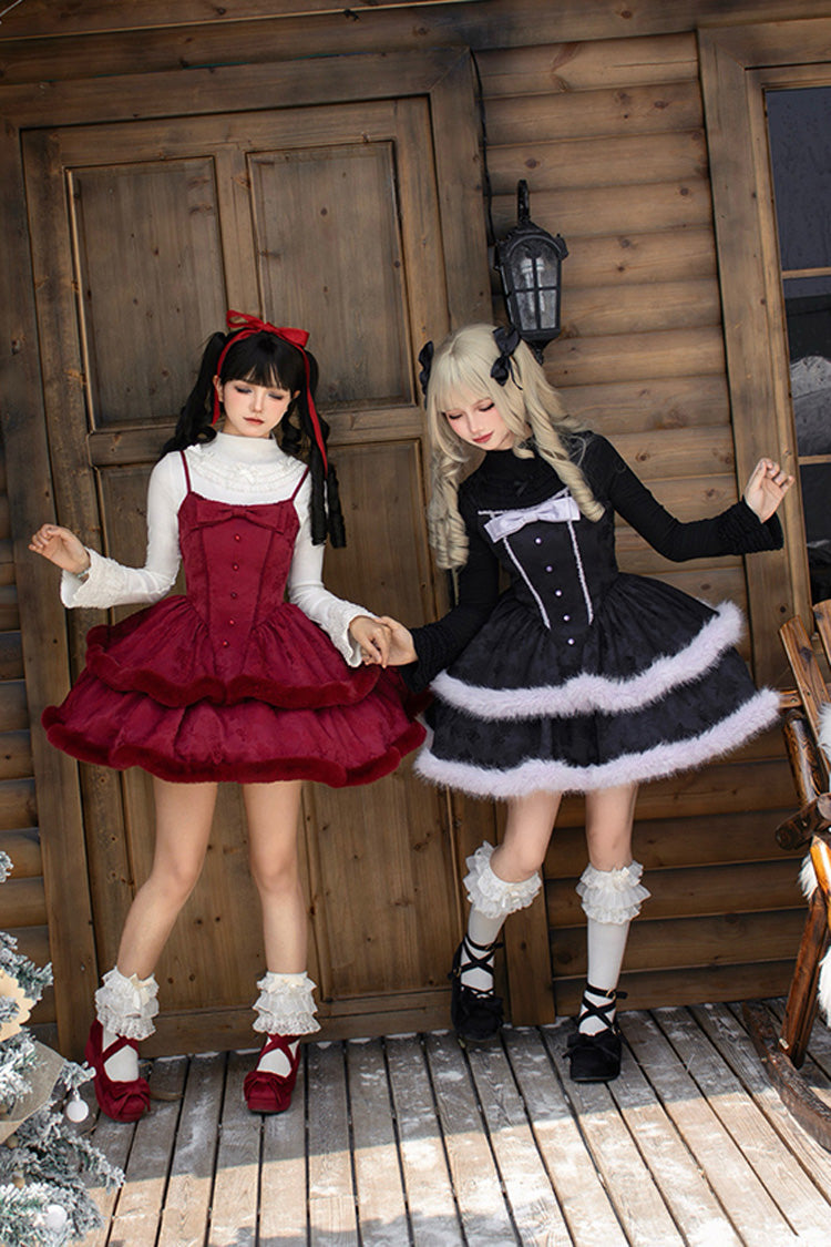 Winter's Wish Double-Layered Jacquard Bowknot Furry Sweet Lolita Jsk Dress 2 Colors