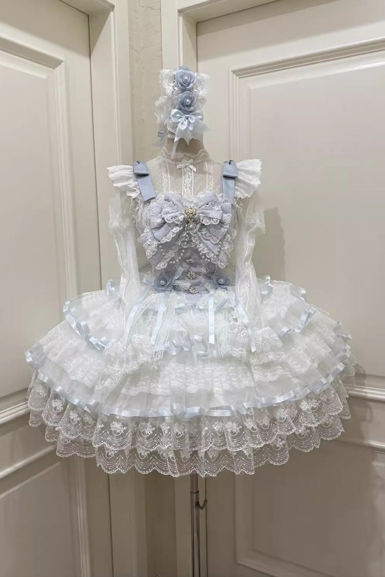 Blue Rose Feather Waltz Sleeveless Triple-Layered Ruffle Bowknot Lace Sweet Ballet Lolita Jsk Dress