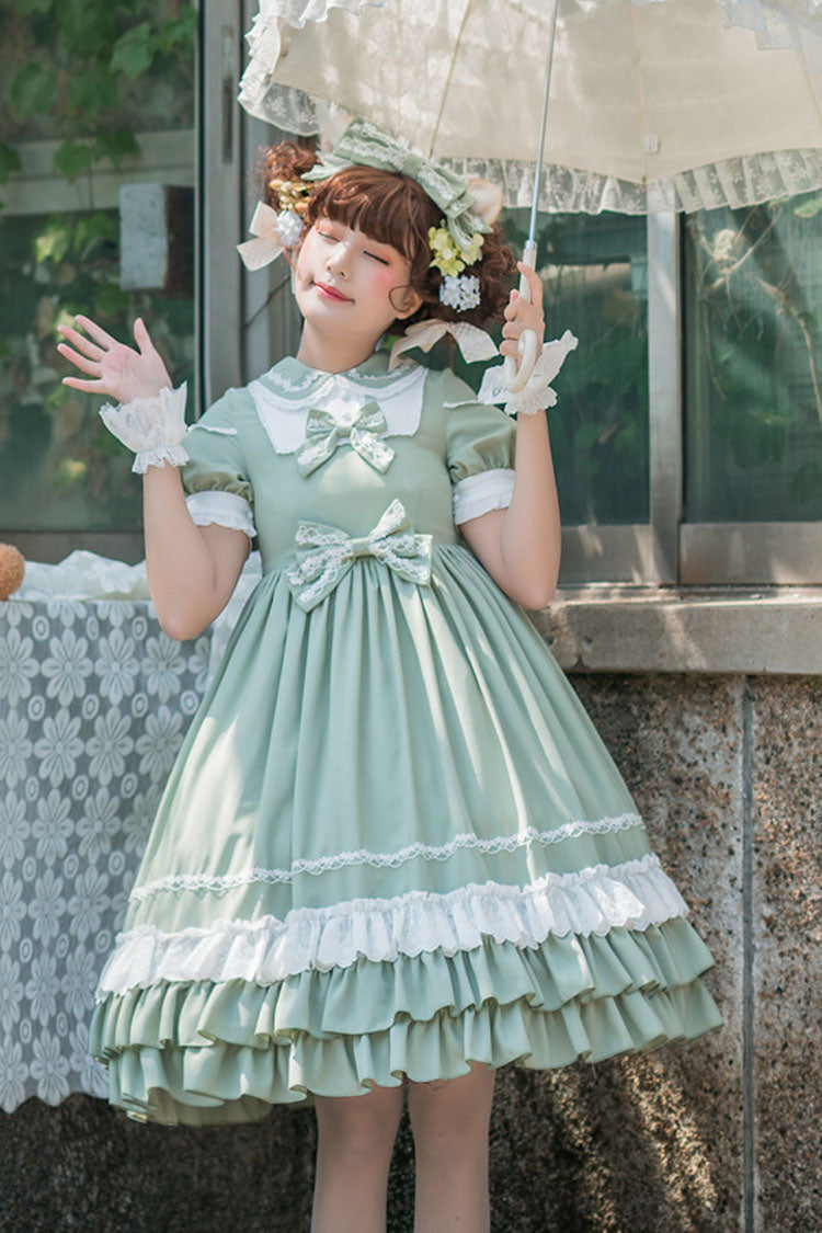 Green Short Sleeves High Waisted Bowknot Multi-Layer Classic Lolita Jsk Dress