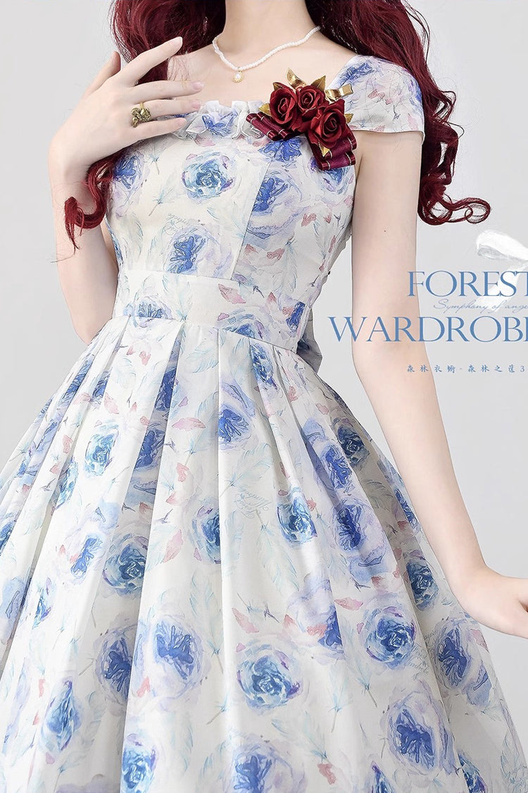 Blue/White Rose Print Forest Basket Bowknot Sweet Elegant Lolita Jsk Dress