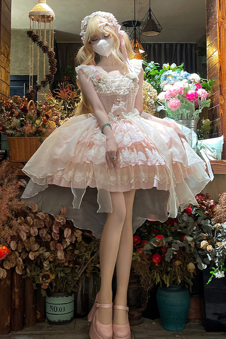 Tears of Rose Sleeveless Multi-Layered Ruffle Cardigan Bowknot Lace Sweet Ballet Lolita Jsk Dress 2 Colors