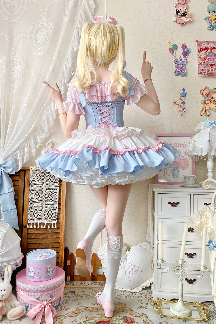 Light-Blue/Pink/White Fairy Tale Overture Triple-Layered Ruffle Bowknot Fishbone Sweet Ballet Lolita Dress