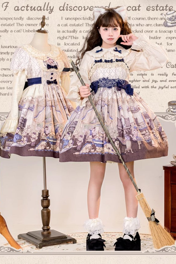 Multi-Color Cat Manor Print Embroidery Bowknot Sweet Lolita JSK Dress