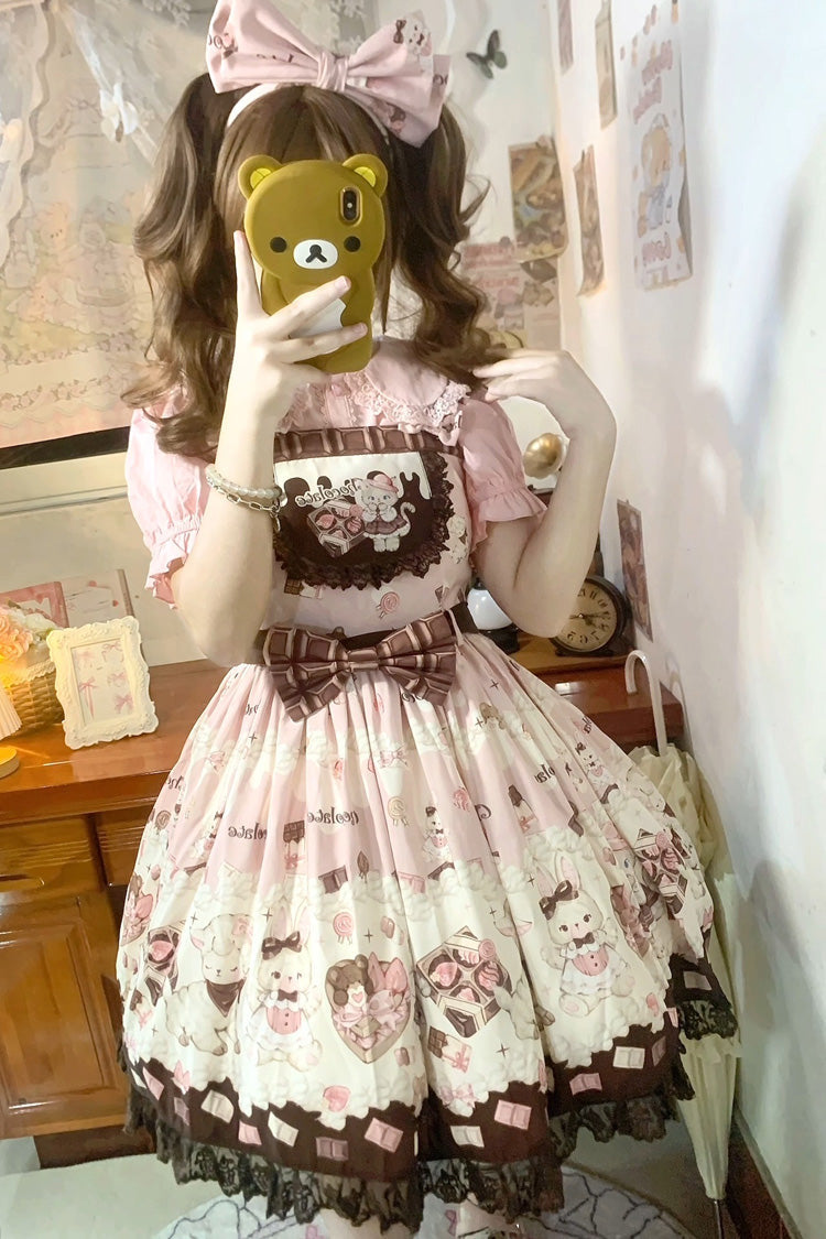 Chocolate Rosette Cat Print Bowknot Stitching Lace Sweet Lolita Jsk Dress 4 Colors