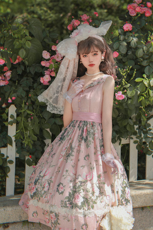 Pink Elegant Vintage French Rose Floral Print V Collar Sleeveless Ruffled Classic Lolita JSK Dress
