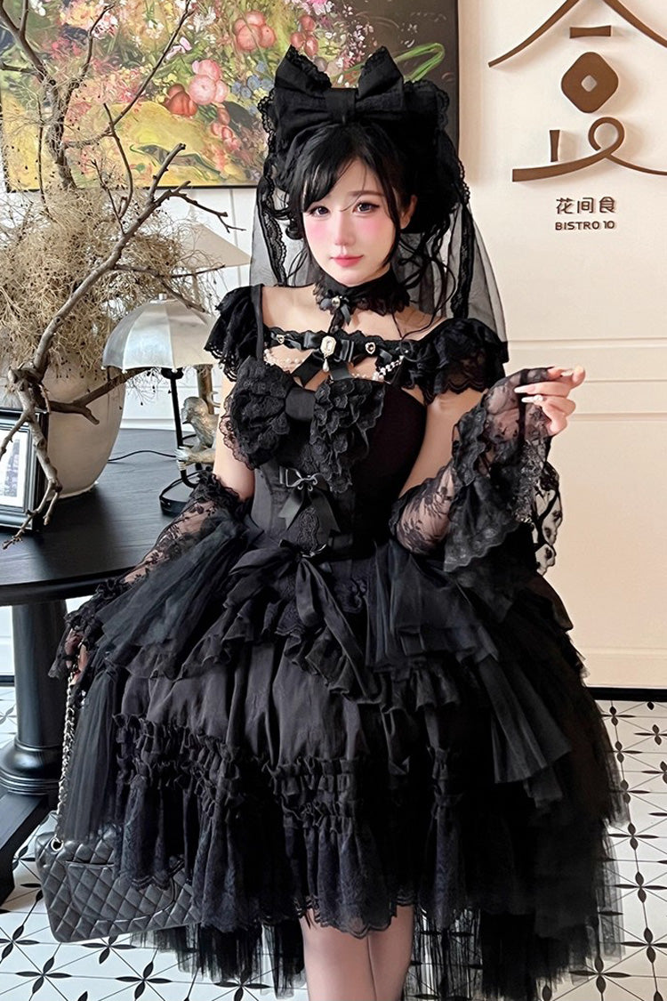 Black Jewelry Love Story Halterneck Ruffle Hanayome Bowknot Lace Gothic Lolita Dress