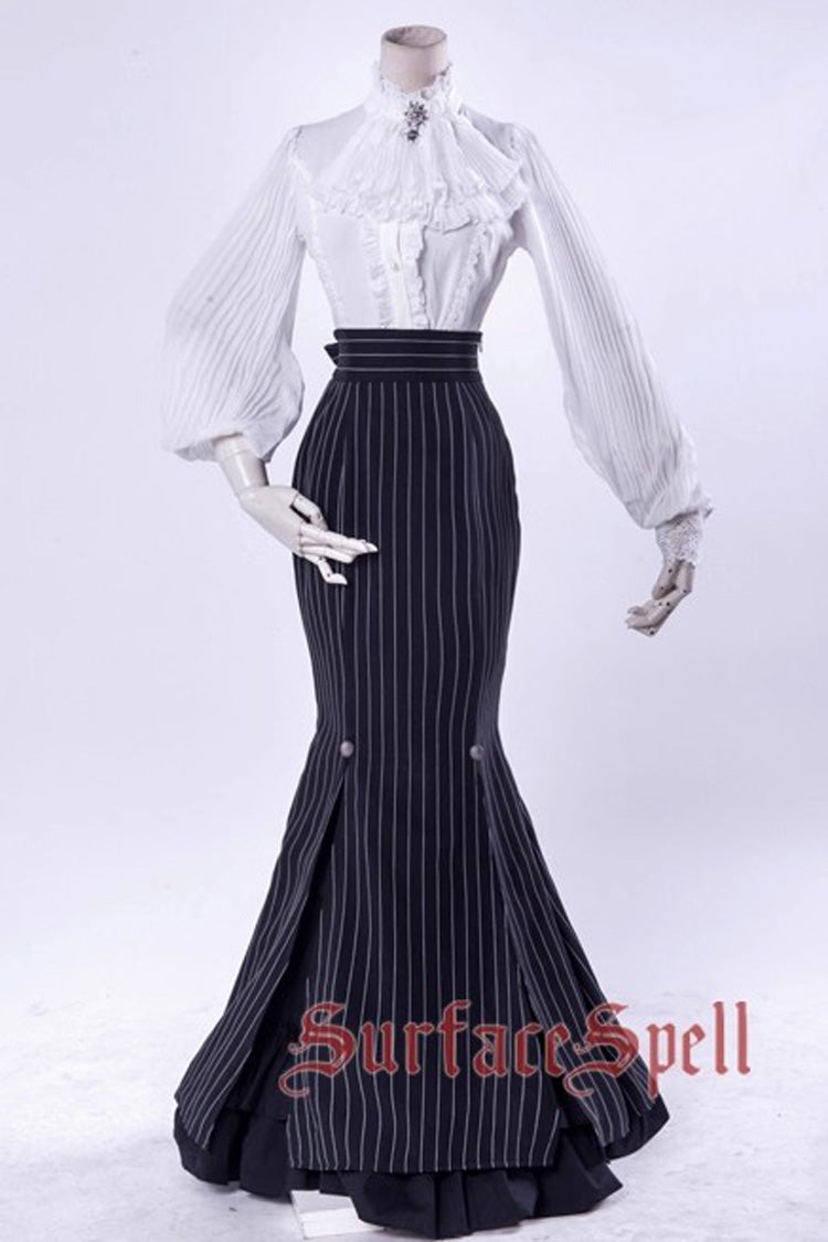 Black Lorelei Double-Layered Striped Print Ruffle Gothic Elegant Lolita Mermaid Maxi Skirt