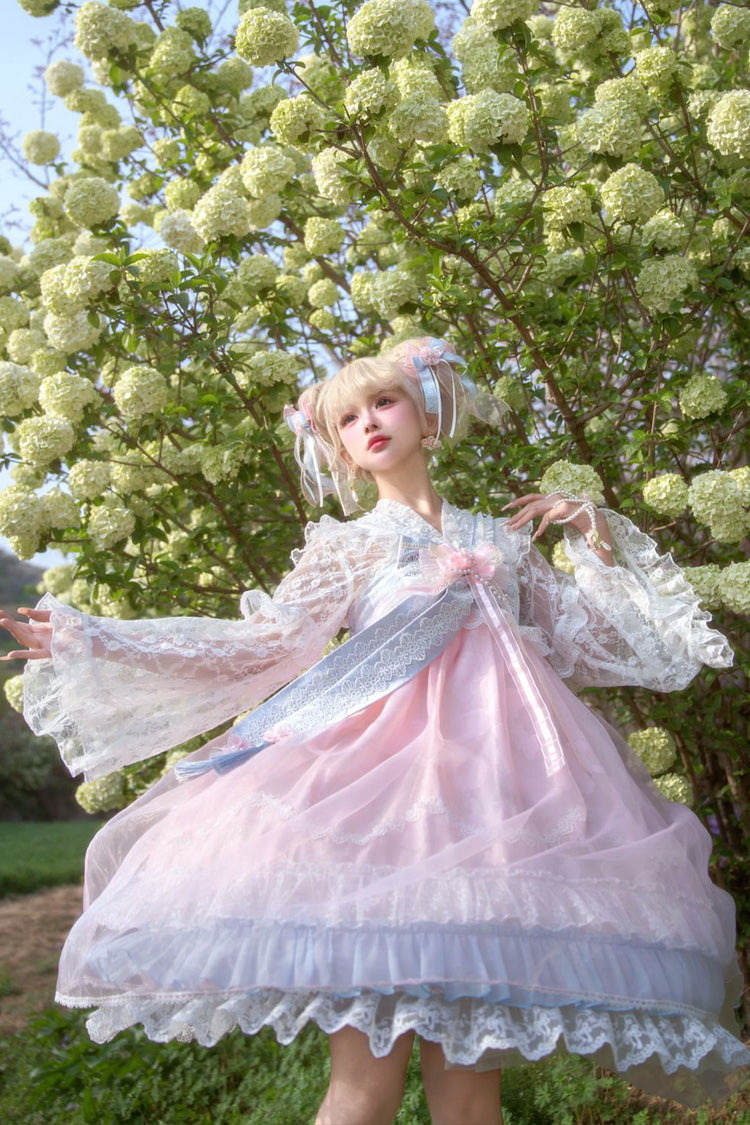 Peach Blossoms in Spring Fields Sleeveless Ruffle Bowknot Lace Sweet Chinese Style Lolita Jsk Dress 3 Colors