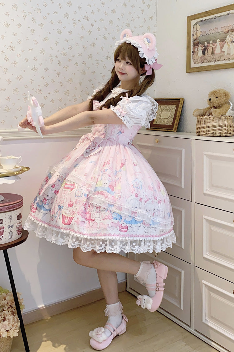 Pink Cute Rabbit Sweet Cake Print Ruffle Bowknot Lace Sweet Lolita Jsk Dress