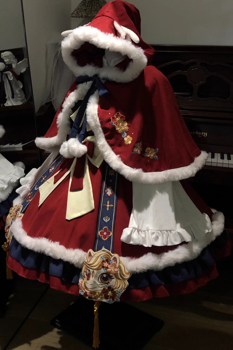 Red/Blue Year of the Horse Ruffled Embroidered Bow Sweet Chinese Style Lolita Jsk Dress Set