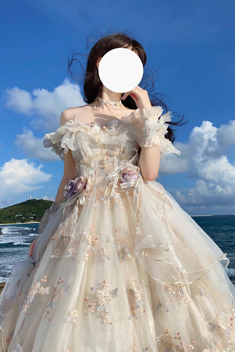 Ivory Flora Multi-Layered Ruffle Hanayome Embroidery Bowknot Sweet Lolita Jsk Dress
