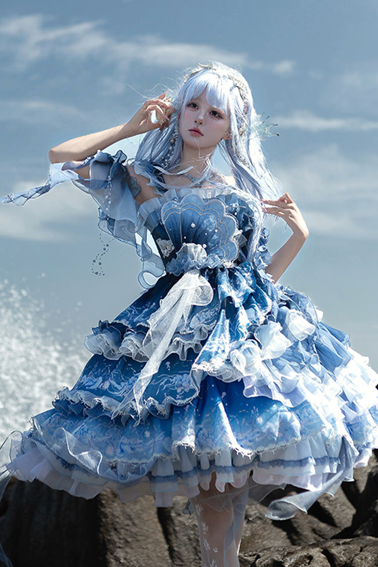 Blue Jellyfish Gradient Print Ruffle Embroidery Bowknot Lace Asymmetric Sweet Elegant Lolita Jsk Dress
