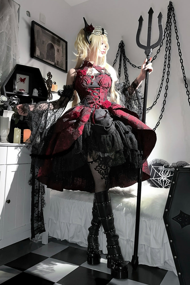 Black/Red Weeping Rose Jacquard Print Ruffle Cardigan Bowknot Lace-Up Gothic Lolita Dress