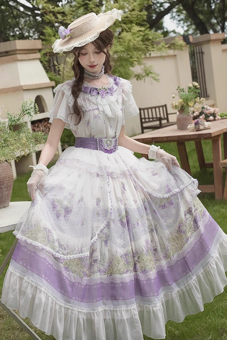 White/Purple Rabbit Vine Story Grape Print Short Sleeves Bowknot Lace Elegant Sweet Lolita Skirt Set