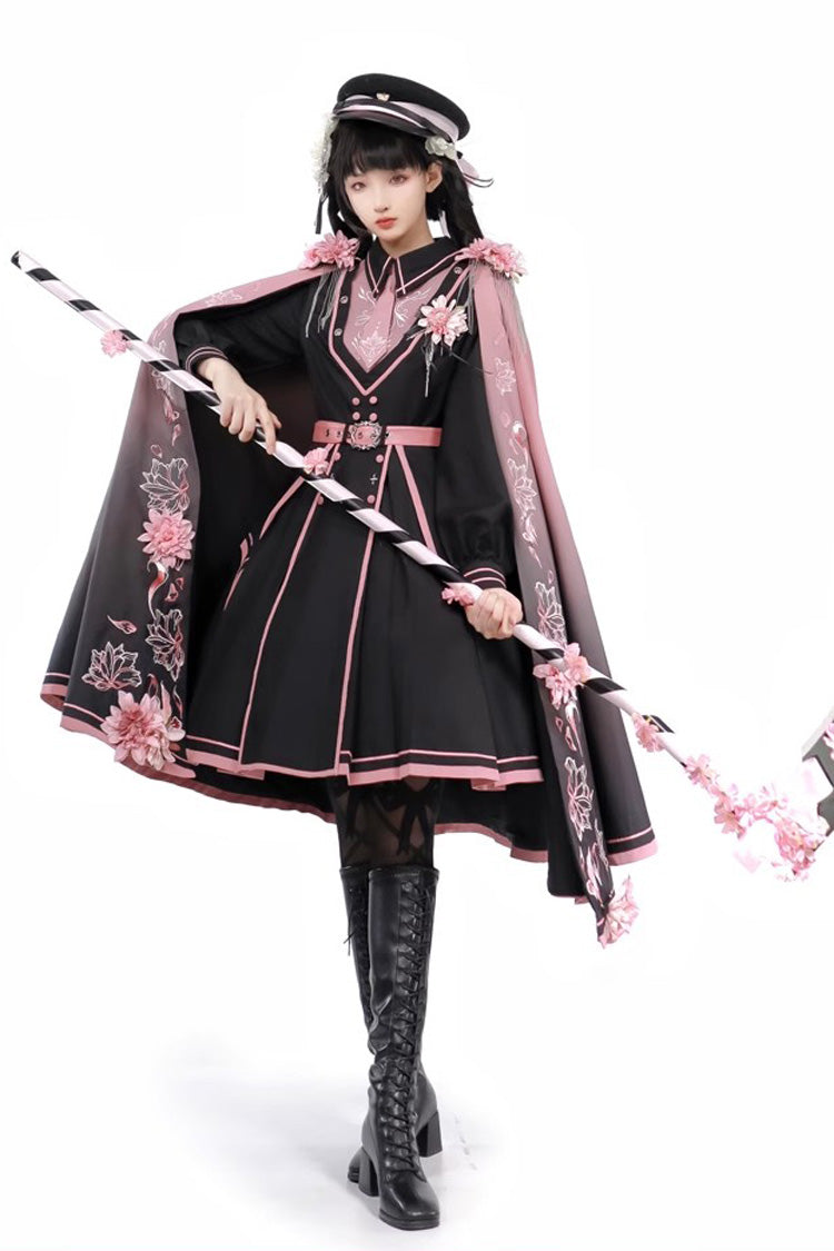 Black/Pink Long Sleeves Ruffle Gothic Military Elegant Princess Lolita Dress