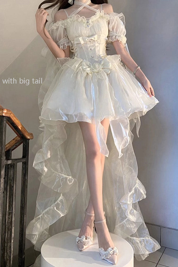 Ivory Midsummer Dream Short Sleeves Ruffle Hanayome Off-The-Shoulder Gothic Short Lolita Dress