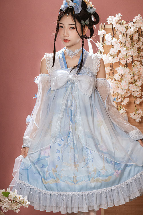 Light Blue Dreamland Chinese Style Bowknot Ruffled High Waisted Sweet Lolita JSK Dress