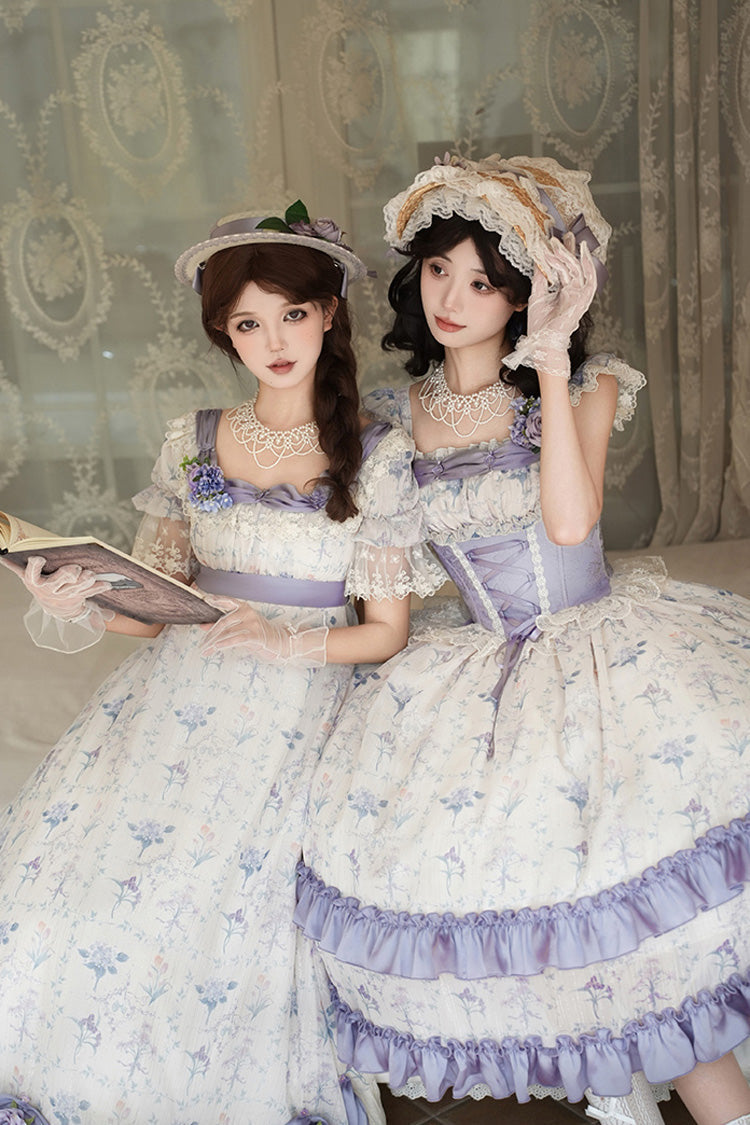 Purple/Ivory Iris Secrets Double-Layered Print Ruffle Bowknot Lace-Up Fake Two Pieces Sweet Lolita Jsk Dress