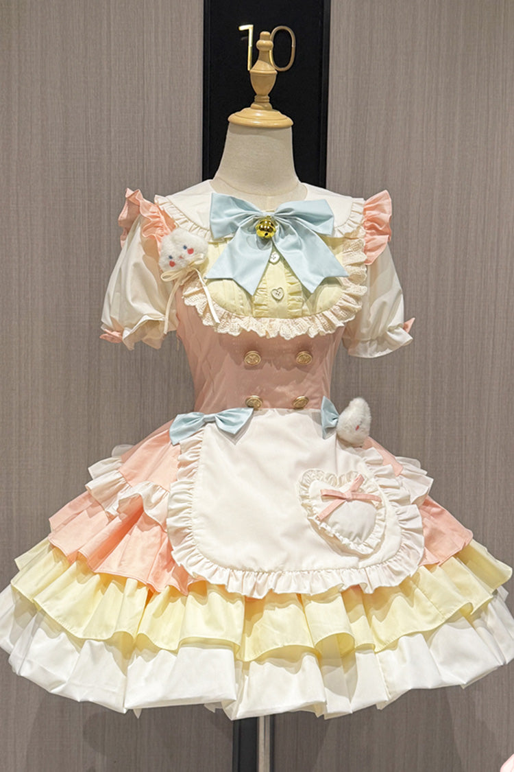 Yellow/Pink Cream Puffs Short Puff Sleeves Triple-Layered Ruffle Bowknot Sweet Lolita Dress