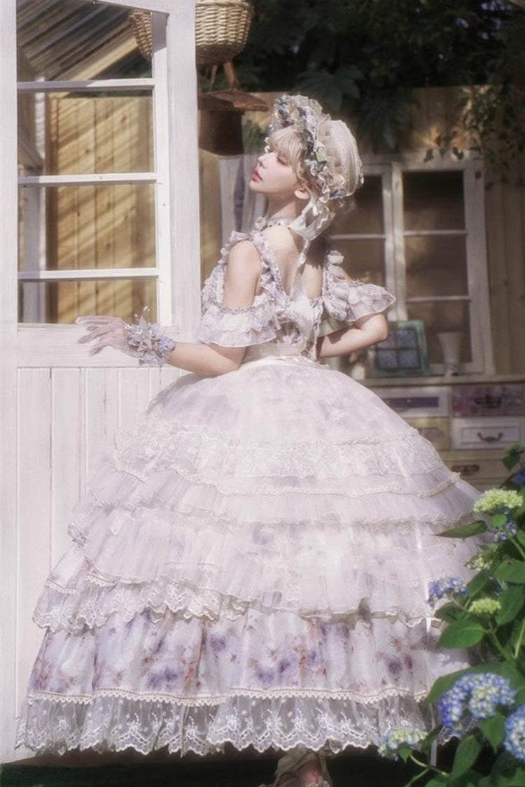 Blue Rose Letter Off Shoulder Triple-Layered Print Ruffle Hanayome Sweet Princess Lolita Dress