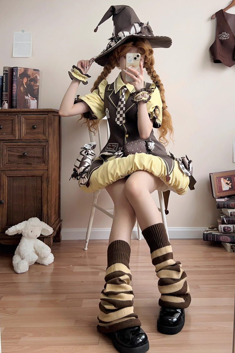 Brown/Yellow Witch and Paradise Short Sleeves Ruffle Bowknot Sweet Japanese Halloween Lolita Dress Vest Set