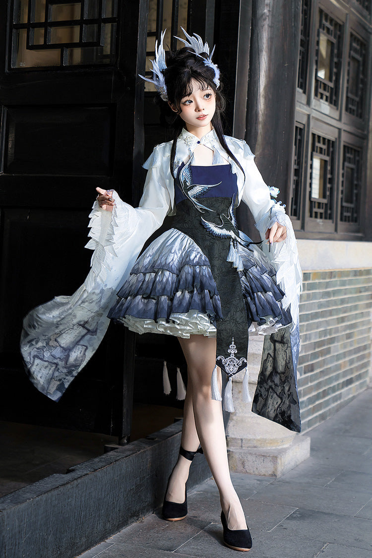 Dark Blue Feathered Finch Multi-Layered Print Ruffle Classic Chinese Style Lolita Jsk Dress Set
