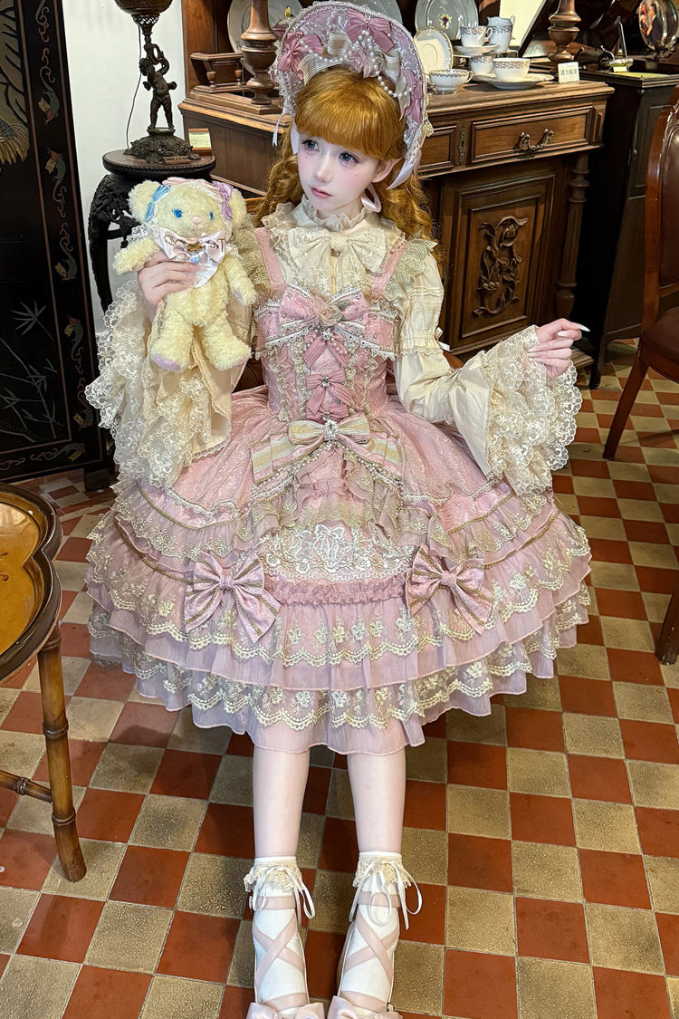 Pink Crown of Gems Triple-Layered Ruffle Bowknot Lace Sweet Gorgeous Lolita Jsk Dress