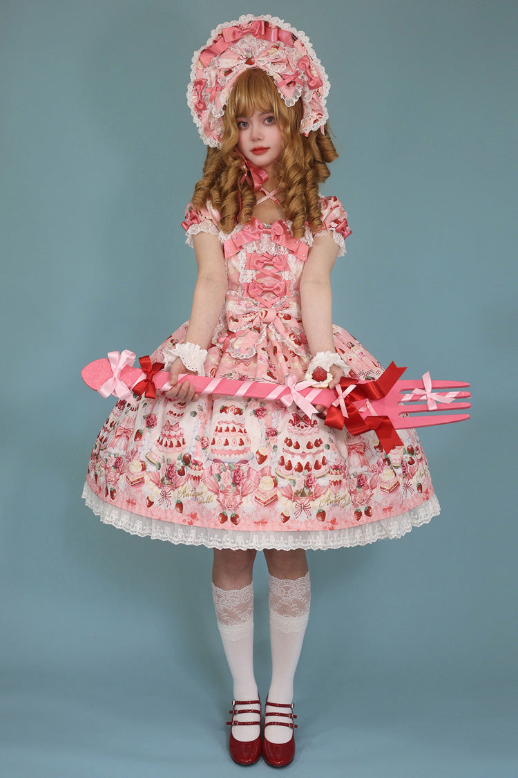 Strawberry Cake Bouquet Print Square Collar Short Sleeves Bowknot Lace Sweet Lolita Dress 3 Colors