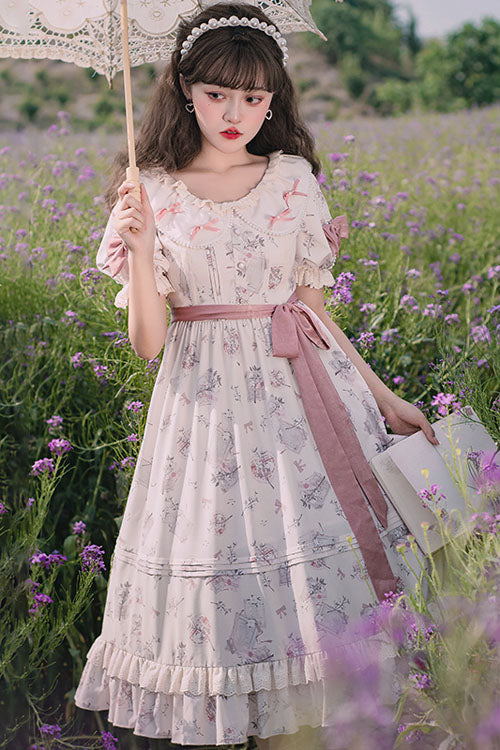 White Flower Print Short Sleeves Bowknot Ruffled Sweet Lolita OP Dress