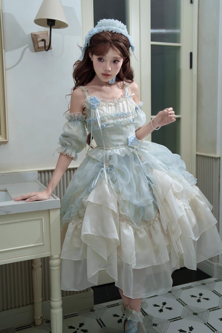 Goodnight Camellia Sleeveless Ombre Multi-Layered Printed Ruffled Lace Fishbone Sweet Lolita Jsk Dress 3 Colors