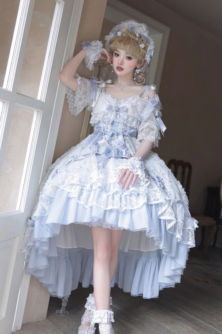 Blue Diane Rose Short Sleeves Multi-Layered Jacquard Ruffle Hanayome Cardigan Bowknot Lace Sweet Lolita Dress