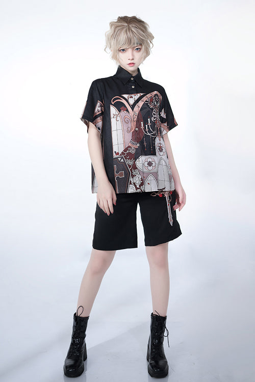 Lapel Collar Night Command Print Loose Short Sleeves Ouji Lolita Blouse
