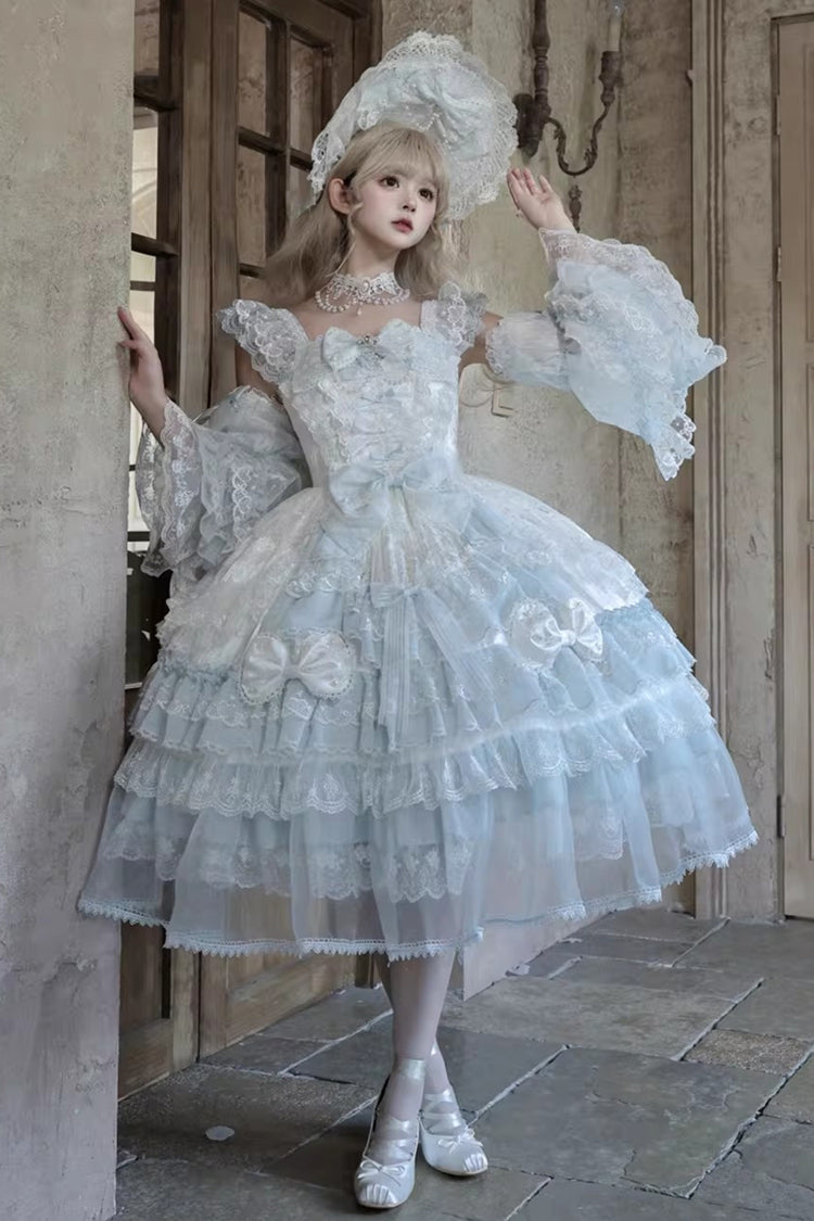 Blue Prelude of Spring Sleeveless Multi-Layered Ruffled Bow Lace Sweet Princess Lolita Jsk Dress