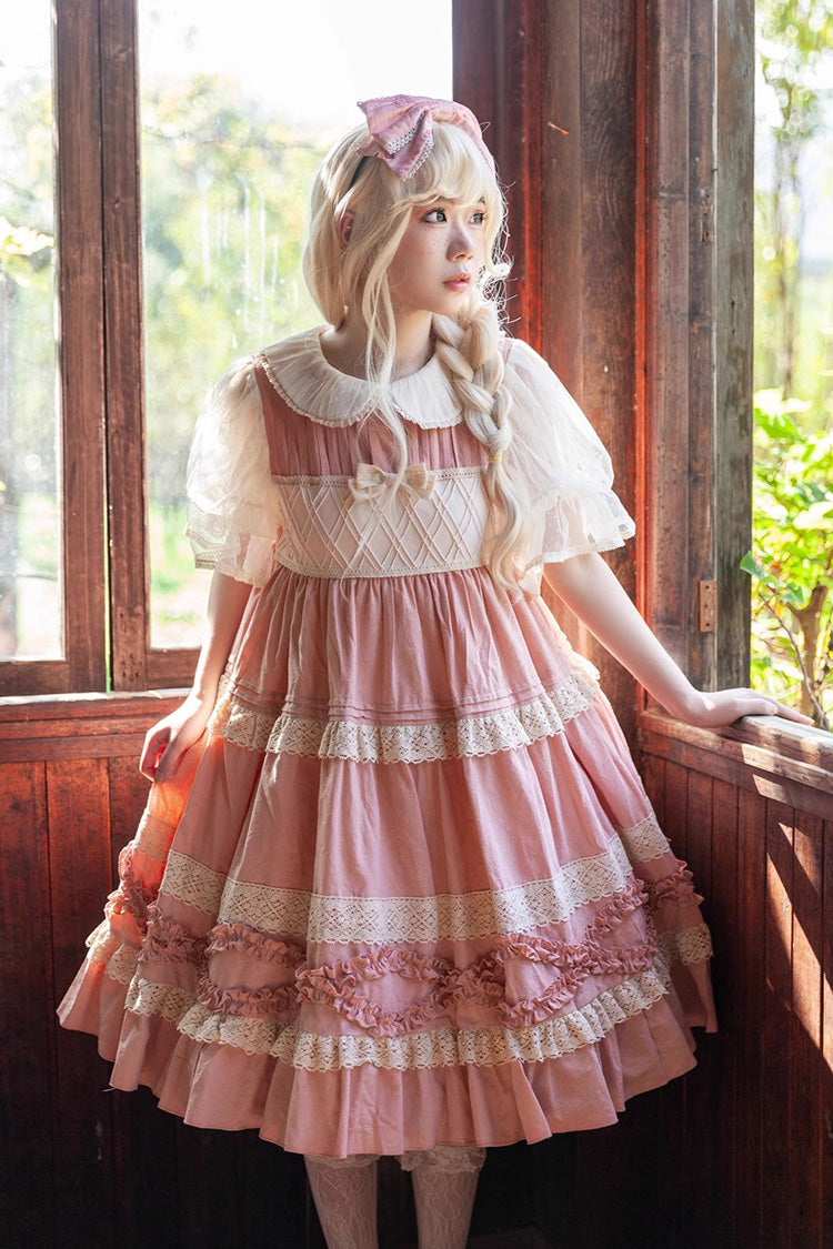 Kindergarten Class Theme Short Sleeves Jacquard Ruffle Bowknot Sweet Lolita Dress 3 Colors
