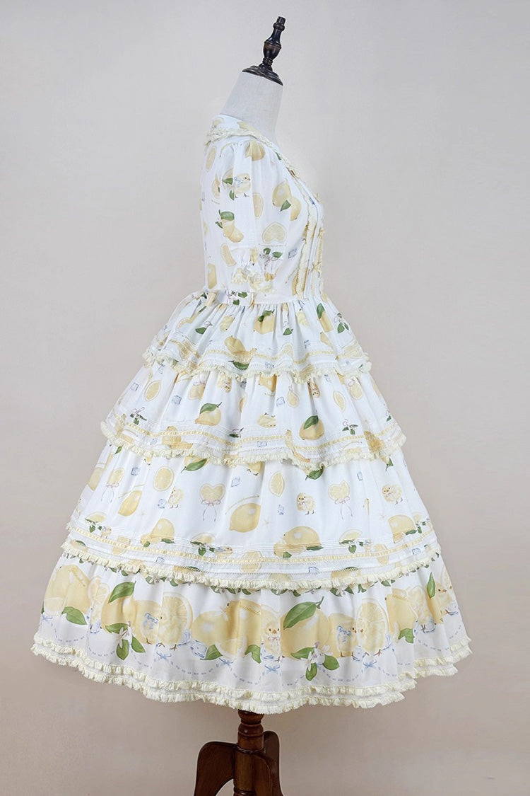 White Lemon Chicken Short Sleeves Triple-Layered Print Ruffle Bowknot Lace Sweet Gorgeous Lolita Dress