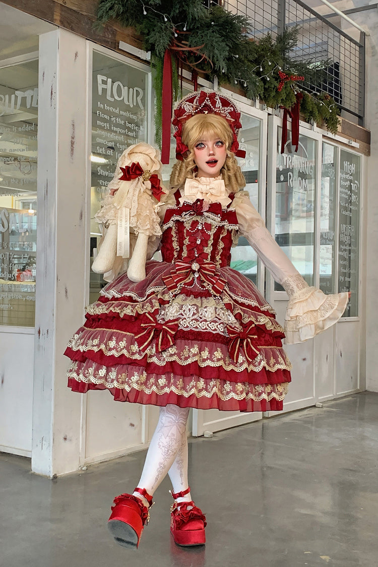 Red Crown of Gems Triple-Layered Ruffle Bowknot Lace Sweet Gorgeous Lolita Jsk Dress