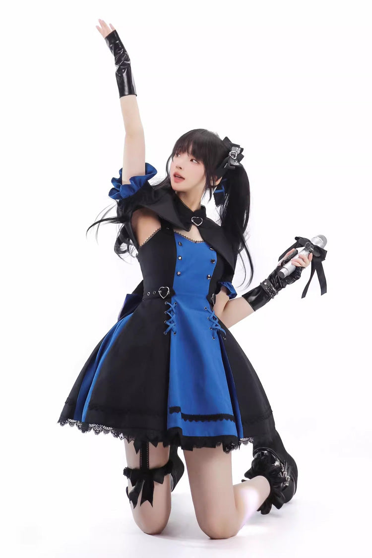 Black/Blue Night Liana Ruffle Bowknot Lace-Up Sweet Japanese Lolita Jumper Dress Set