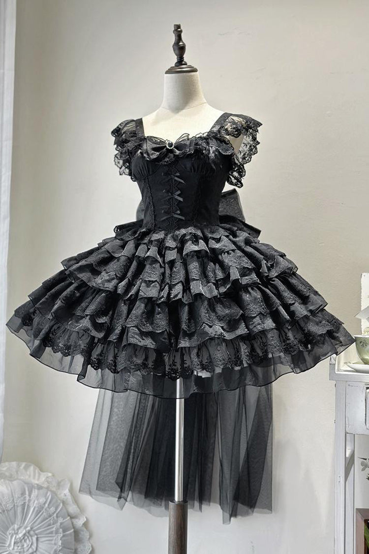 Black From Broken Wings to Rebirth Sleeveless Multi-Layered Ruffle Bowknot Lace-Up Gothic Ballet Lolita Jsk Dress