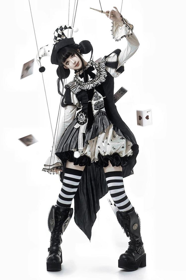 Black Weird Toy Box Circus Clown Halloween Print Ruffle Embroidery Asymmetric Gothic Ouji Lolita Full Set