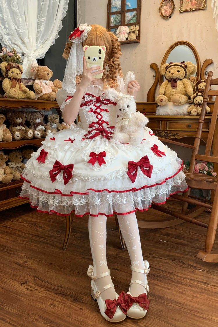 White/Red Sweetheart Sleeveless Multi-Layered Embroidered Bow Lace Lace-Up Sweet Lolita Jsk Dress
