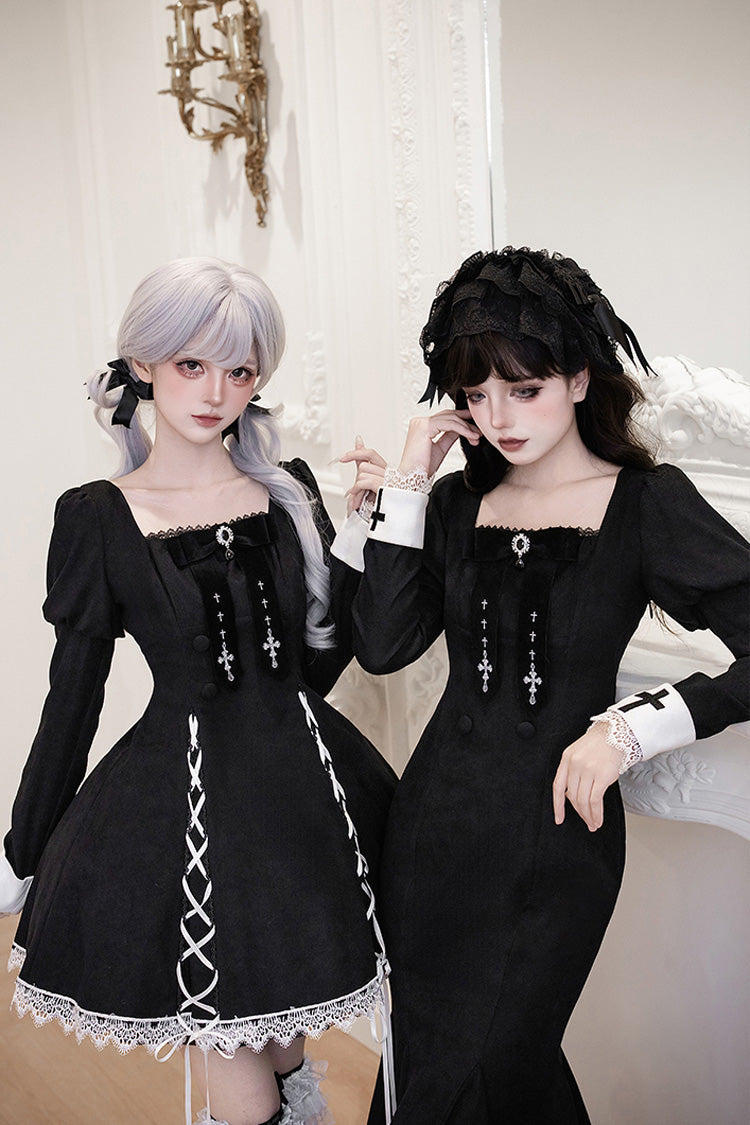 Black/White Rose Doll Square Collar Long Sleeves Bowknot Lace-Up Gothic Lolita Dress Set 2 Versions