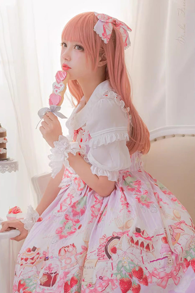 Strawberry Feast Sleeveless Printed Ruffled Bow Sweet Lolita Jsk Dress 4 Colors